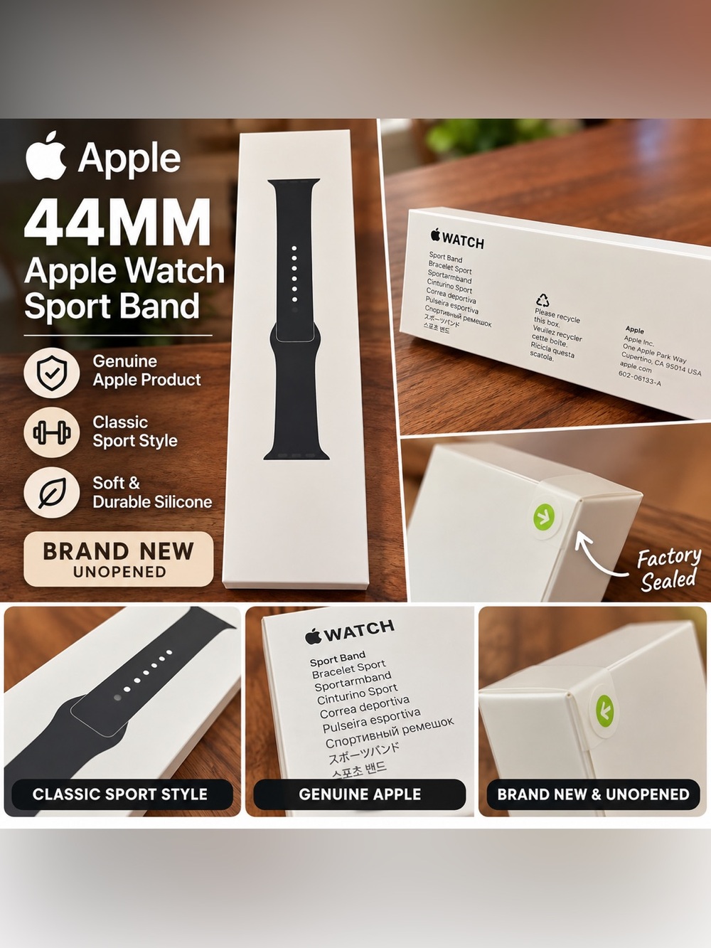 44mm Unopened Apple Watch Black Silicone Smartwatch Band - Classic Sport Style
